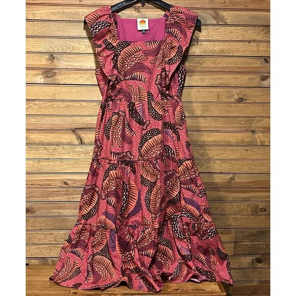 Farm Rio Pink Wild Bananas Ruffled Midi Dress Size M Women’s Cruise Tropical215 - Picture 1 of 13